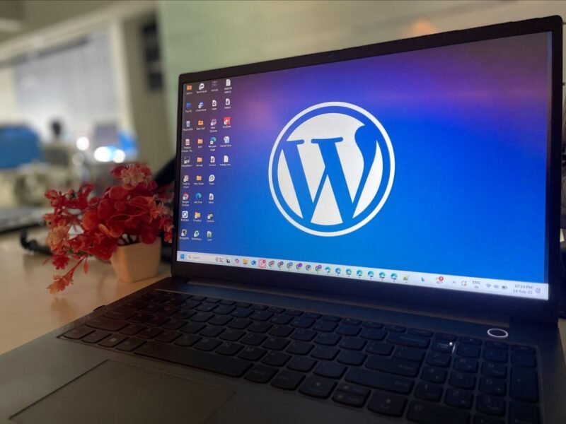 Laptop on a desk with a potted plant and office background.